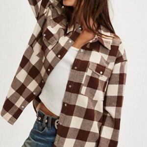 Free People Brown and Cream Plaid Button Down Shirt